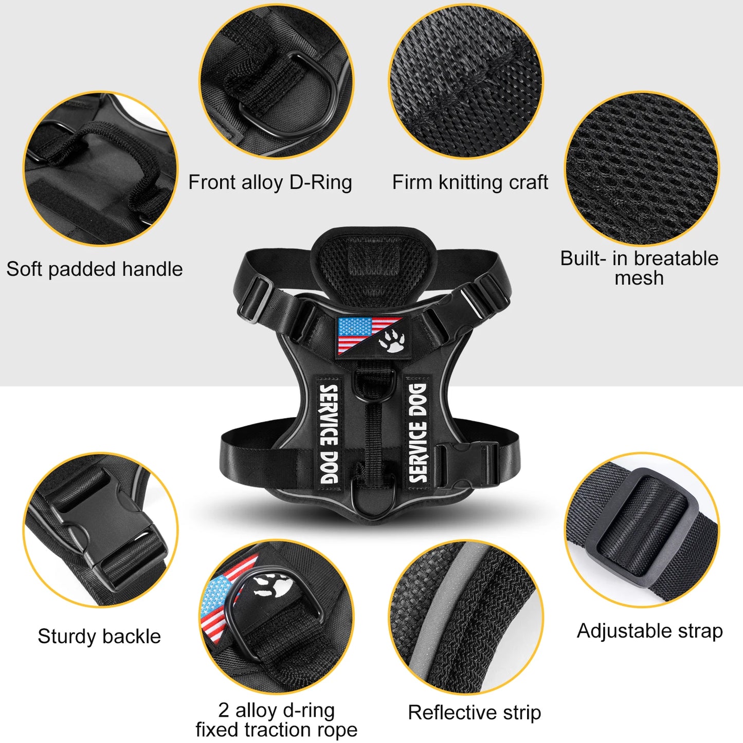 Service Dog Harness, Reflective Dog Vest Harness with 5 PCS Patches,